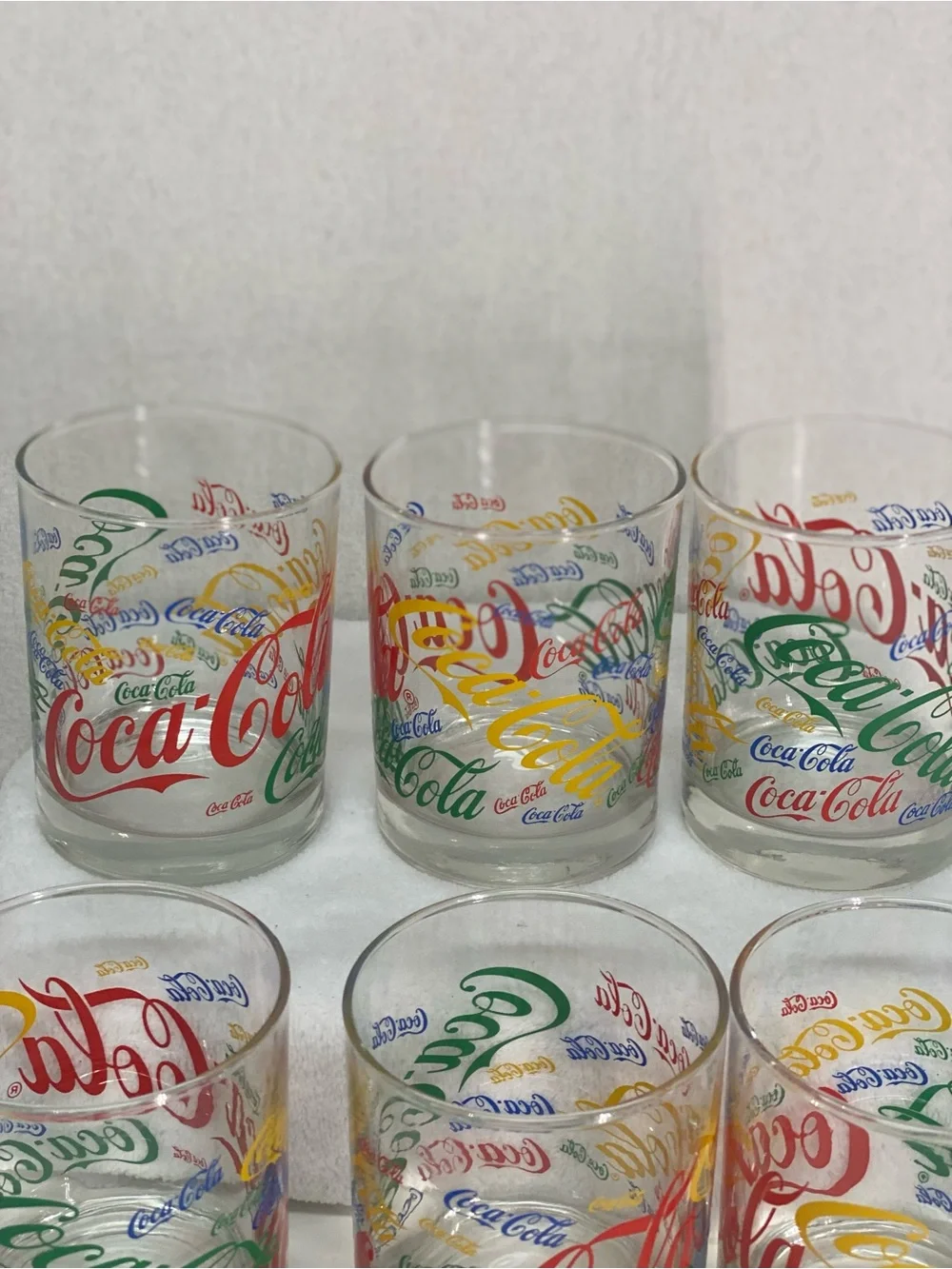 Coca Cola Set of 6 Multicolor Logo Glass 12 ounce Retro Repeated Logo Colorful
